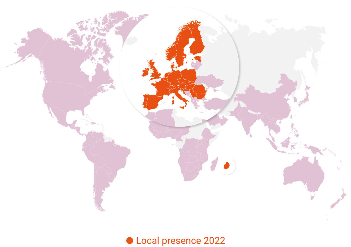 Map of the world with local presence marked